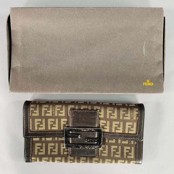 FENDI 2009 Foglio Forever Brown Yellow Monogram Fabric Leather Wallet - Picture 7 of 8